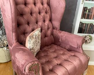 Chippendale Style Mauve Floral Upholstered Tufted Wingback Arm Chair