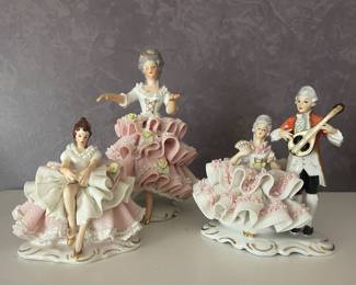 Dresden Porcelain Lace Sitting Lady Figurine, Dresden Porcelain Lace Lady Entering the Gala Figurine, Dresden Porcelain Lace Courting Couple Figurine  