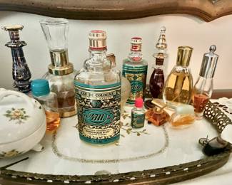 Assortment of Perfume and Perfume Bottles, Brass Vanity Tray