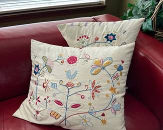 Pair of Ikea Embroidered Throw Pillows with Folk Art Floral Pattern