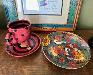 Terri Cody Pottery Footed Coffee Mug and Saucer, Royal Doulton Laurel Burch Art  "Song of the Earth" Decorative Plate