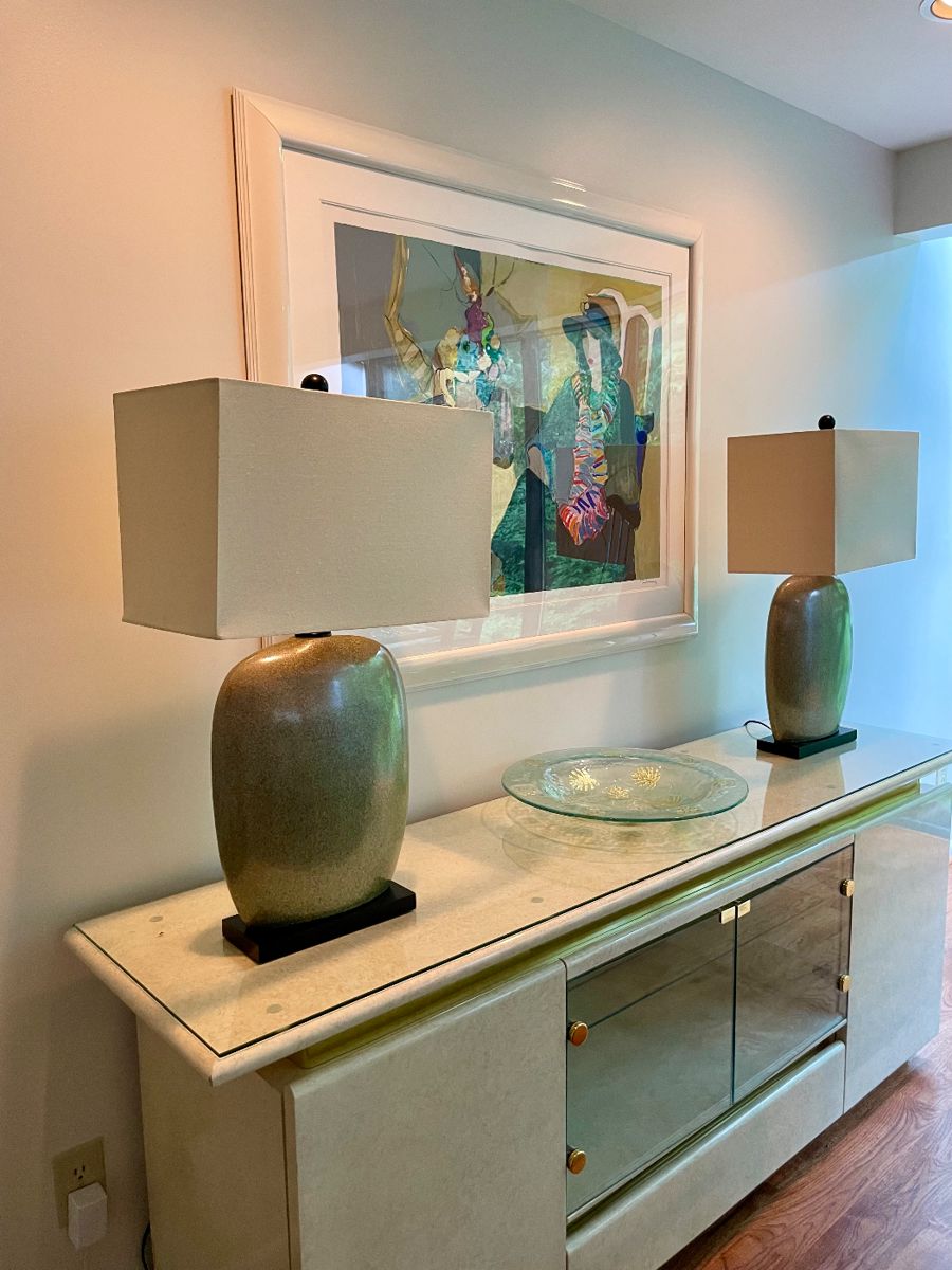 Beautiful Elkins MCM cream sideboard and Modern Ceramic khaki green lamps and Tarkay Lithograph Artists Proof