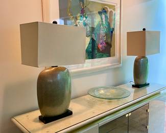 Beautiful Elkins MCM cream sideboard and Modern Ceramic khaki green lamps and Tarkay Lithograph Artists Proof