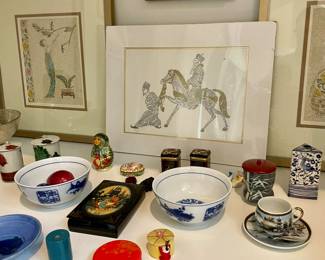 Asian bowls, cups, artwork pieces