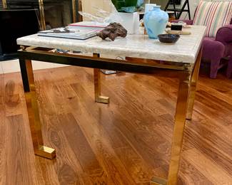 35" Square polished brass table with stone top
