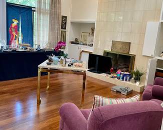 Beautiful furniture, grape color upholstered  armchairs, there are a pair of chairs and ottoman, sold as a set. 