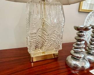 Vintage Ice Glass Table Lamp, one of a pair.  One lamp has been professionally repaired