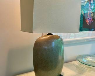 Beautiful pair of green ceramic lamps and Vintage blond finish sideboard