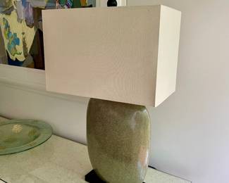 Beautiful pair of green ceramic lamps and Vintage blond finish sideboard