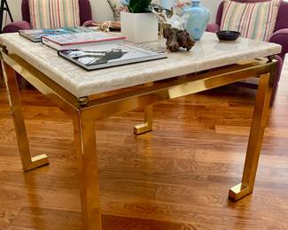 35" Square polished brass table with stone top