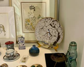 Japanese small bowls, Plate on stand is 1979 Franklin Porcelain Plate Luxury Porcelain flowers and birds "Uzuki" 