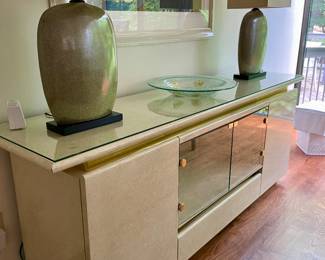 Beautiful pair of green ceramic lamps and Vintage blond finish sideboard