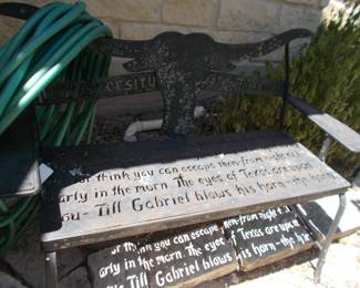 UT Longhorn heavy iron bench with Eyes of Texas engraved in seat