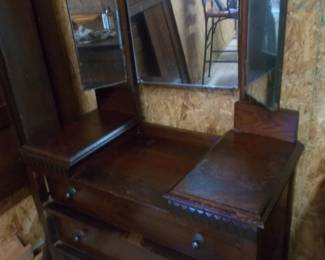 English antique gentleman's dresser and tri-fold mirror