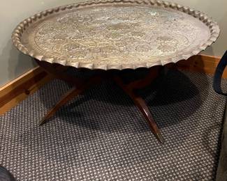 Vintage Moroccan solid brass table top with scalloped edges with wood base