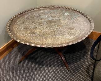 Vintage Moroccan solid brass table top with scalloped edges with wood base