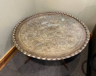 Vintage Moroccan solid brass table top with scalloped edges with wood base