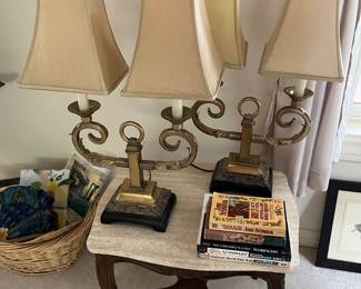 Marble-top accent/occasional table; matching table lamps.