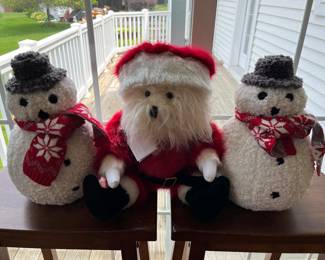 Canterbury Bears Santa bear with tag; pair of Pottery Barn “Archie Snowman” plush snowmen.