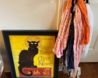 Framed Leonetto Cappiello advertising poster; selection of scarves.