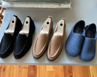 Two pairs of like-new/unworn shoes by Rothy’s (left and center in photo; near-like-new pair of slippers by Draper of Glastonbury.