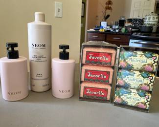 New/unused NEOM hand and body wash set; two sealed packages of soap by Sabonete Aromatico.