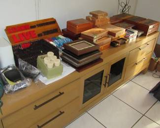 Melanie tv stand with cigar boxes, box collection, and more