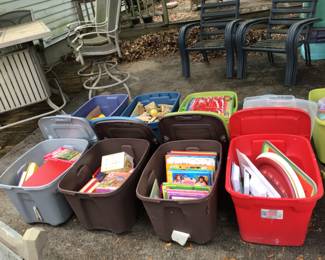 Children’s books, plastic picnic ware 