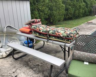 Resin picnic table, chair cushions 