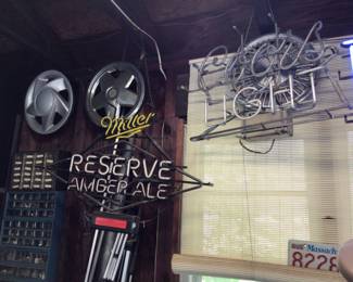 Hub caps, beer sign, needs work 