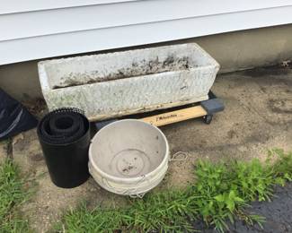Cement planter, plastic hanging planters, edging 