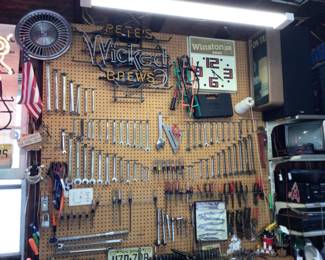 Tools, beer signs, vintage battery operated clock 