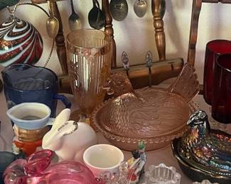 Hen in Basket Glass Candy Dishes and a Bunny