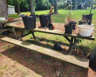 Picnic Tables and Garden Shed with Gardening Pots, etc.