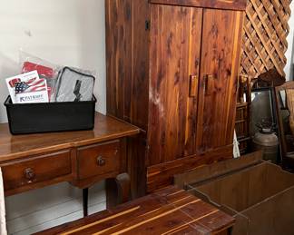 Vintage Stained Glass Window, Cedar Chest, Cedar Cabinet. Vintage Desk, Lattice