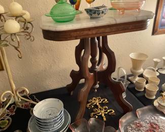 WALNUT ANTIQUE SIDE TABL WITH MARBLE TOP 
