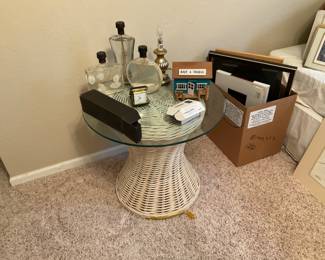 UNQUIE BOTTLE, VINTAGE WICKER SMALL TABLE