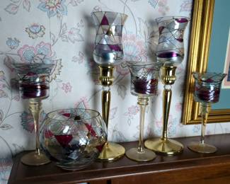 Partylite Mosaic Calypso Candle Holders with Brass Base, Qty 2 And Bowl