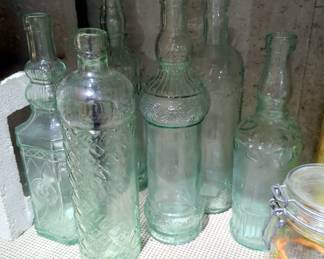 Glass Bottle Decanters, Various Styles, Qty 6 and Hand Painted Glass Bottles, Qty 4