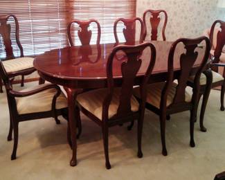 Thomasville Cherry Dining Table With Leaf, 30" x 68.5" x 43", Including Felt Table Protector, Queen Anne Style Dining Chairs, Qty 6 And Arm Chairs, Qty 2