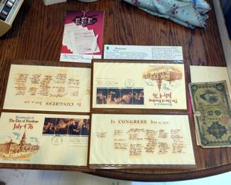 Official First Day Cover Bicentennial of The Day Of Freedom July 4, 1776 Stamps Including Documentation And Hard Cover, Qty, 2 And Foreign Paper Money, Qty 1