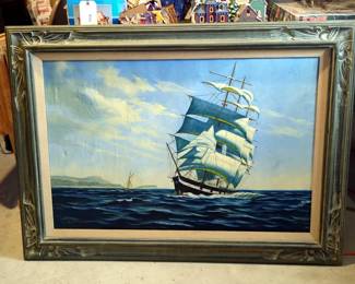 L Raymond Original Ship Acrylic Painting On Canvas, Matted And Framed, 33" x 44"