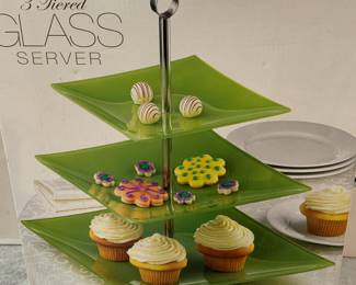 green glass 3 tiered serving tray, NIB