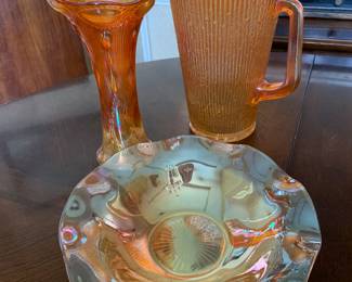"Jeanette" carnival glass vintage pitcher and other carnival glass, marigold color 