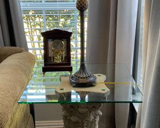 2 matching column based tables with glass tops