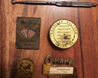 1919 KNIGHTS of COLUMBUS MATCH SAFE, OMAHA KEY TO THE CITY, KIRKENDALL SHOE HOOK, WATCH CASE
