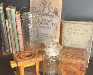 Vintage Books with Jars and Wooden Pieces