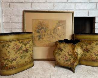 Framed Art with Metal Trash Cans and Planter