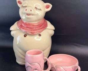 Vintage Smiley Pig Cookie Jar with Child Elephant Dinnerware