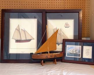 Nautical Prints with Wooden Sailboat